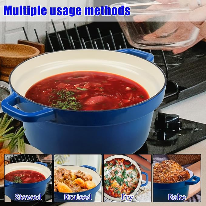 7QT Dutch Oven Pot With Lid, Enameled Cast Iron Dutch Ovens for Sourdough Bread Baking, Non-Stick Ceramic Dutch Oven Cooking Pot, Oven Safe, Blue (10 Pcs Bread Paper Liners)