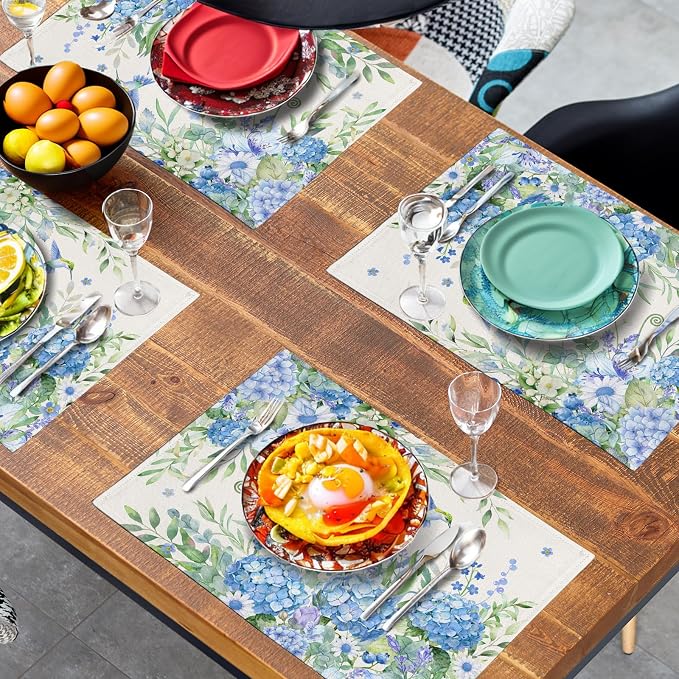 Blue Hydrangea Placemats Set of 4 Spring Summer Floral Green Leaf Bird Table Mat 12x18 Inch Rustic Daisy Flowers Hummingbird Place Mats for Party Kitchen Dining Outdoor Indoor Decor