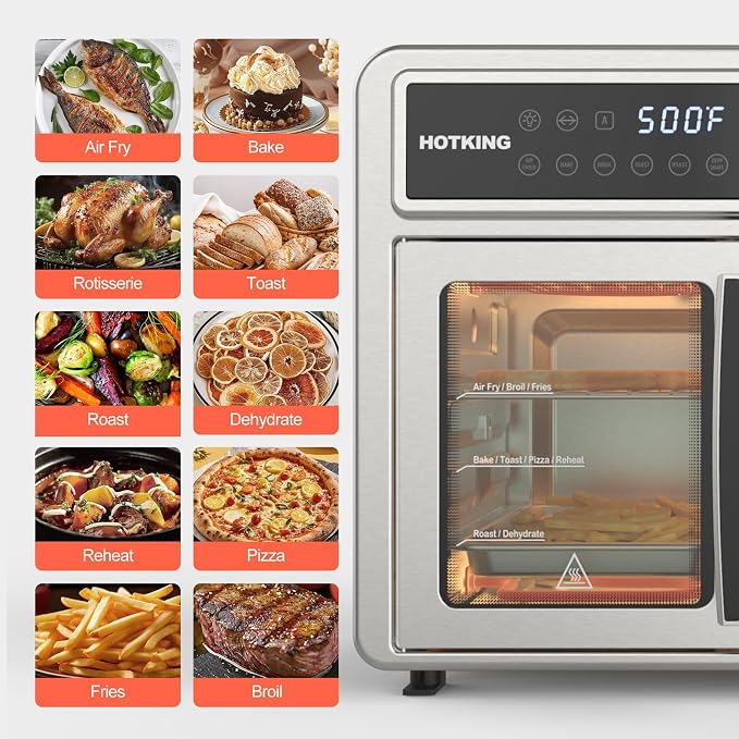 HotKing Dual-Zone Air Fryer Toaster Oven Combo, 28 QT XL Convection Oven | French Door, Stainless Steel Non-Toxic, 10-in-1 Multifunction, 500F Broil, Rotisserie, Dehydrate, Reheat, Bake, ETL Rated