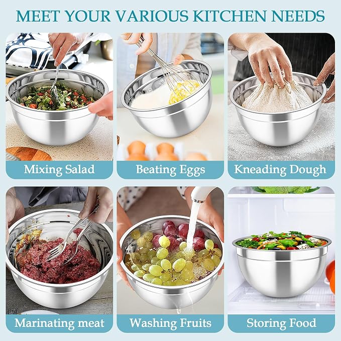 TeamFar Mixing Bowls, Stainless Steel Nesting Salad Bowls Set | Mixing Bowls with Lids & 3 Grater Attachments, For Mixing/Serving/Storing, Non-toxic & Long-lasting, 4.6/3/1.5 QT, Navy Blue