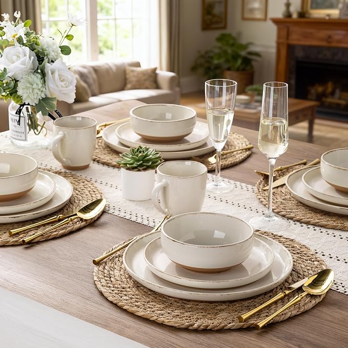 AmorArc Dinnerware Sets for 6, 24 Pieces Ceramic Plates and Bowls Set | Scratch Resistant Stoneware Dishes Set, Dishwasher & Microwave Safe, Light Beige