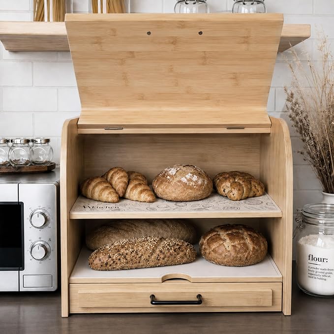 KNIFEPLANET Premium FULLY ASSEMBLED Bamboo Bread Box – Extra Large Real Wood Bread Box for Kitchen Countertop Storage, Thick Durable Construction, Double Layer Design (17.5" x 10" x 12")