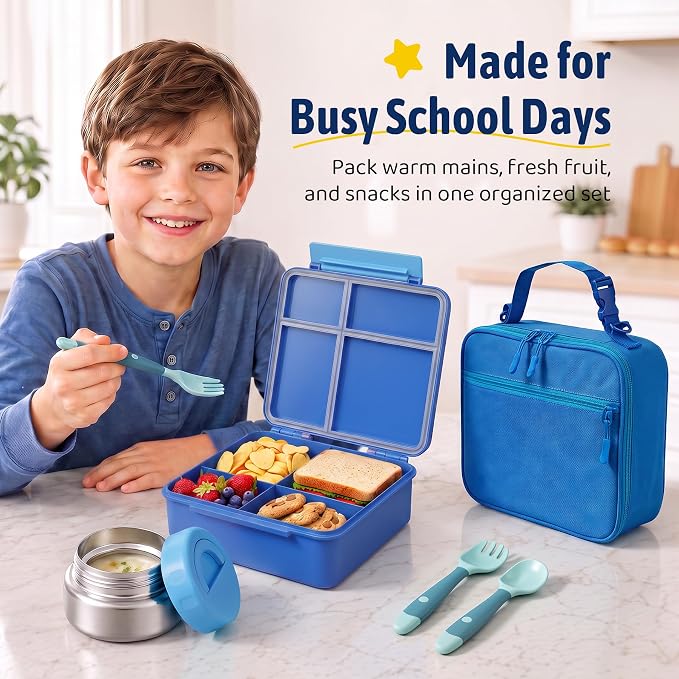 Bento Box for Kids with Thermo Food Container (9oz), 4-Compartment Lunch Box, Adjustable Divider, Leakproof Bento Lunch Box, Includes Utensils & Carry Bag for School, Office(Blue)