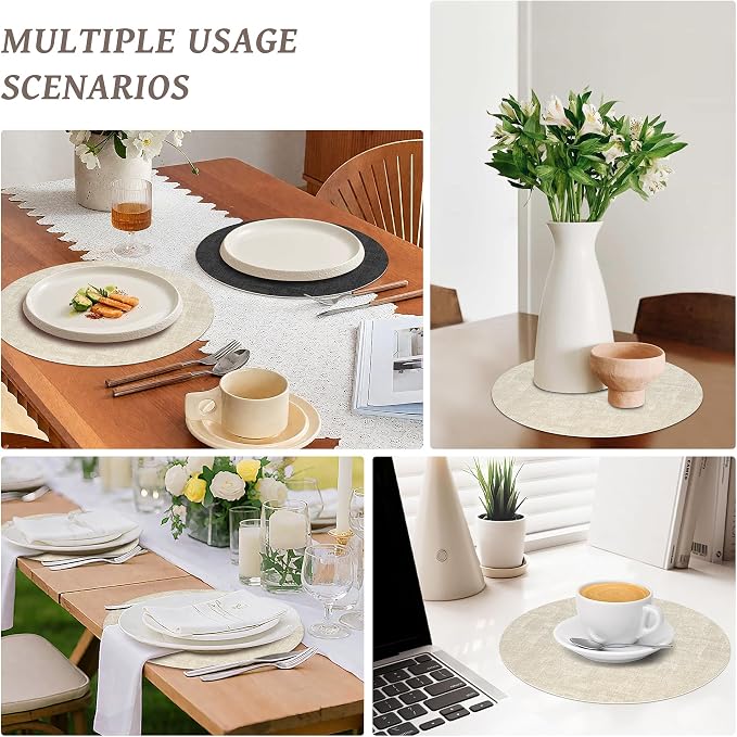 NCUE 13" Faux Leather Round Placemats Set of 4, Reversible Dual-Color | With 3.9" Coasters, 2 mm Vinyl Table Mats, Waterproof Wipeable Heat Resistant, Non-Slip Texture, for Dinner Party Home Decor