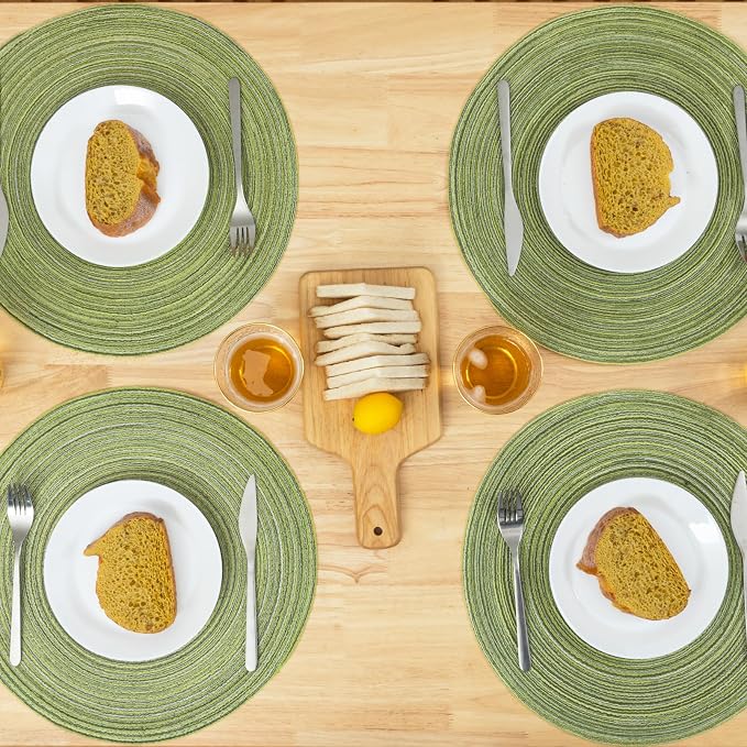 Winknowl Round Braided Placemats Set of 8 Washable Woven Heat Resistant Table Mats for Kitchen Dining Tables 15 inch Round Place Mats (Pea Green,8)
