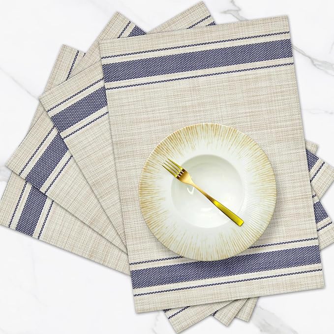 Khaki Blue Placemats Set of 4, 12x18 Inch Faux Linen Table Mats | Heat Resistant and Washable Design, Easy to Clean Surface for Dining Rooms, Kitchens, Outdoor Parties and Everyday Home Decor
