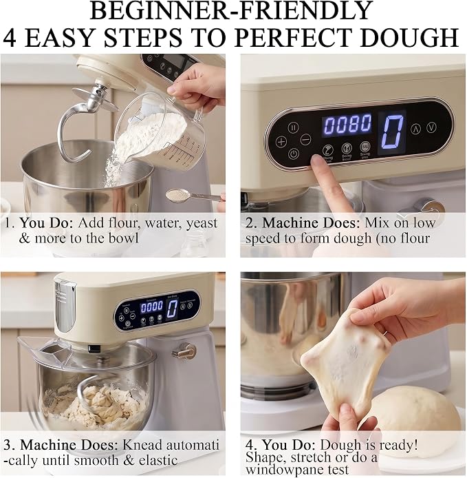 5.3 Qt Tilt-Head Stand Mixer, 9-Speed Electric Food Mixer | 9-Speed Control, Stainless Steel Bowl, Dough Hook Whisk Flat Beater, Splash Guard, Easy Clean, for Home Baking, Almond Cream