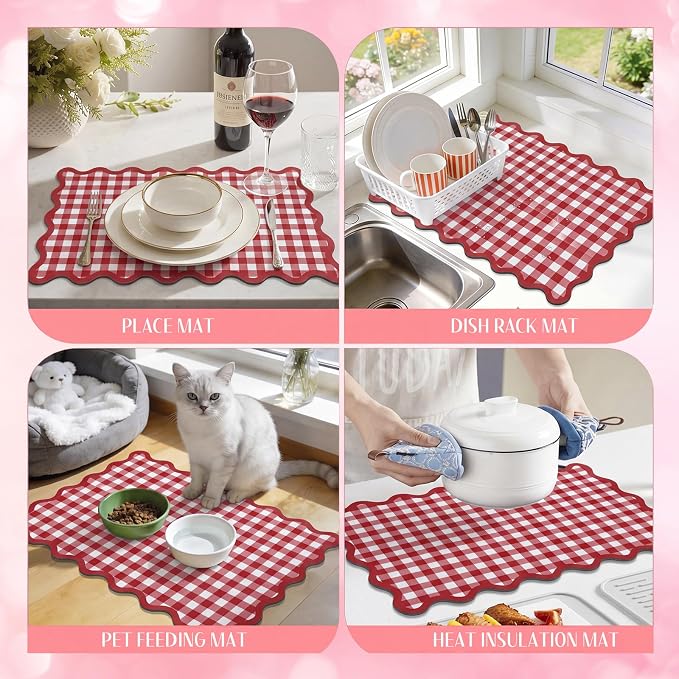 Red Scalloped Gingham Coffee Mat 12" x 20" Absorbent Bar Mat | Gingham Espresso Matt with Non Slip Rubber Backing for Coffee Countertops