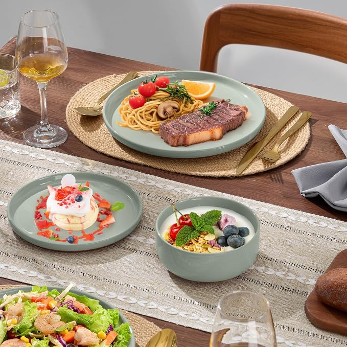 E-far 6-Piece Stoneware Dinnerware Sets, Plates and Bowls Sets for 2, Ceramic Dishware Dishes Set with Terracotta Base, Chip & Scratch Resistant, Microwave & Dishwasher Safe, Speckled Green