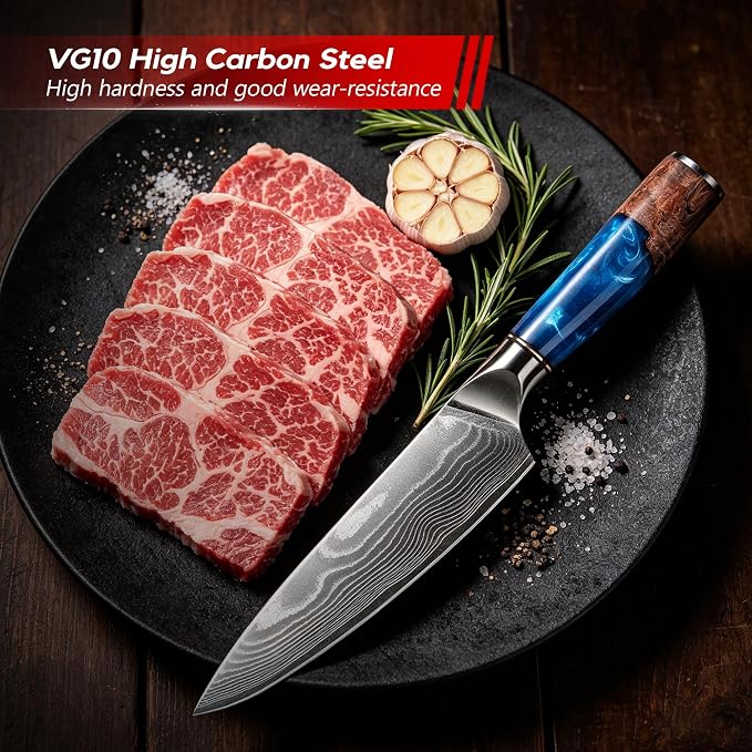 Damascus High Carbon Chefs Knife Ergonomic Handle(8In,BlueResin) | Japanese 67 Layers High Carbon Steel, Professional High-Class Ultra Sharp Cooking Knives Family & Restaurant, Gift Box