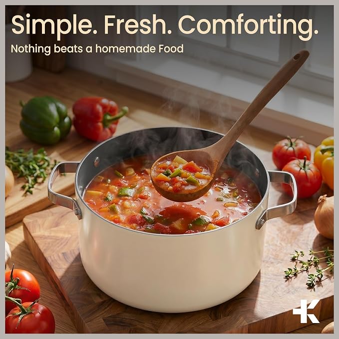 Bakken 12.5 Quart Ceramic Coated Stock Pot with Lid, Easy Clean Nonstick Pot, Tempered Glass Lid, Riveted Stainless Steel Handles, Oven Safe Up To 500°F, PTFE & PFAS Free, All Stove Compatible, Cream