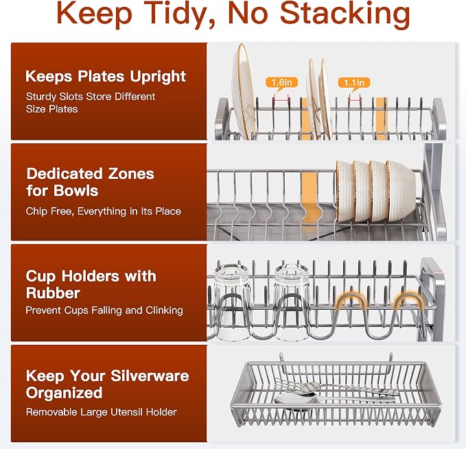 2 Tier Large Stainless Steel Dish Drying Rack for Kitchen Counter | Big Dish Drainer with Drainboard, Cup & Utensil Holder, Space Saving Rustproof Countertop Metal Plate Dryer Rack, Fast Drain