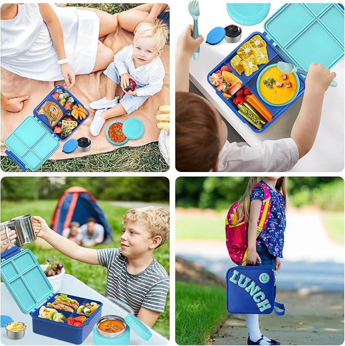 Aimsnk Kids Lunch Box with Thermo Insulated Lunch Bag for School, Blue | Kids Bento Lunch Box with 8oz Food Jar, Leak Proof Hot Soup Lunch Containers with 4 Compartment, Warm Lunchbox for Toddler
