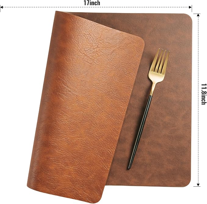 Placemats Set of 12, DOLOPL Reversible Dual-Color Faux Leather Place Mats 17"x11.8"– Waterproof, Heat Resistant, Washable & Wipeable, Luxury Retro Style for Kitchen Dining Table(Reddish Brown & Brown)