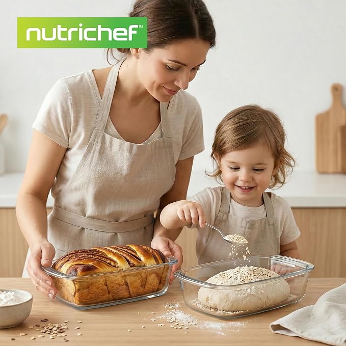 NutriChef 4 Piece Glass Loaf Pan Set with Lids - Stackable 1.9 QT/62oz Glass Bread Baking Dishes - 2 Food Storage Containers + 2 Airtight Lids, Oven & Microwave Safe, Dishwasher Safe - Clear