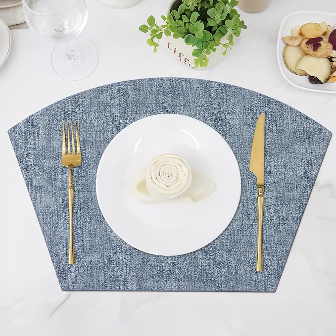 Homaxy Wedge Faux Leather Placemats for Round Table, Set of 6, Blue | Waterproof Wipeable Washable Table Mats, Easy to Clean Anti-Slip Place Mats, 11.8" x 17"