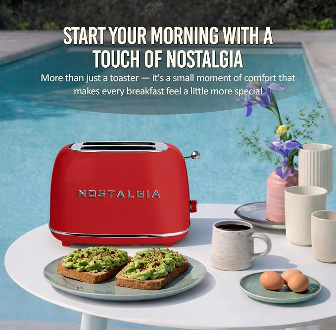 Nostalgia Classic Retro 2-Slice Toaster- Vintage Design- Enamel Coated Steel Body- Wide Slots for all Breads- Crumb Tray, Cord Storage- Defrost,Cancel and Bagel Function & 6 Toasting Levels- Red