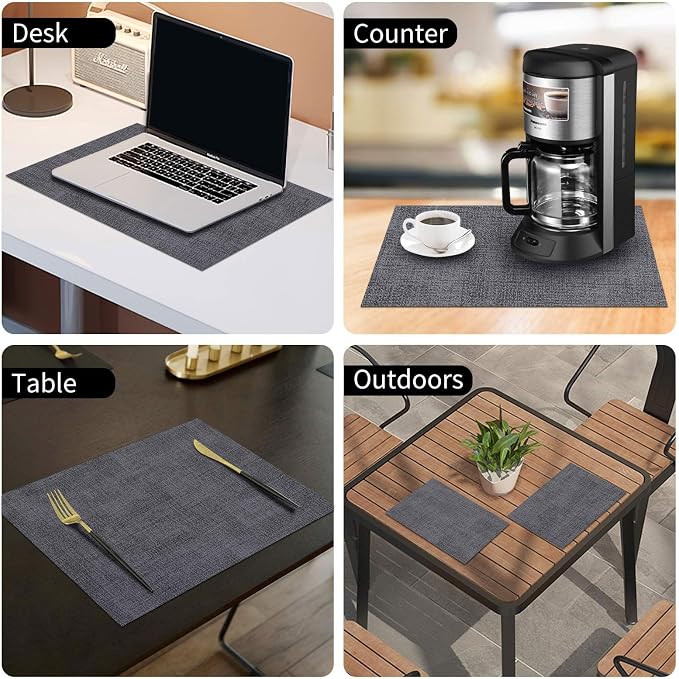 Faux Leather Heat Resistant Placemats 4 Packs, Waterproof Wipeable Dining PU Place Mats for Indoor & Outdoor, Easy to Clean, Charcoal