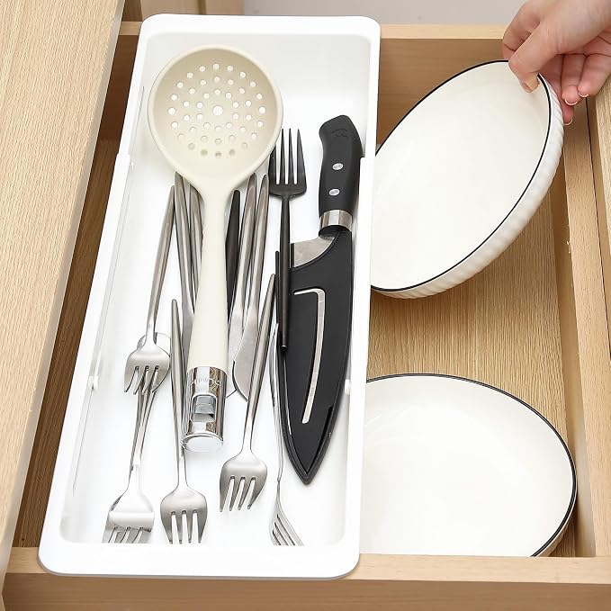 1 Pack Deep Drawer Organizer Adjustable Storage Bin(17.4-27.6") | Adjustable Width Design, Maximize Drawer Storage, Kitchen & Home Organization Solution