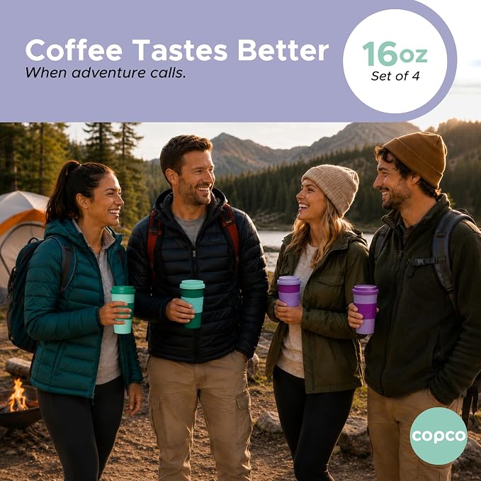 Copco Acadia 16oz Travel Mug, Set of 4 - Double Wall, Green & Purple | Spill-Resistant Lid, Ergonomic Design, Comfortable Handling, Ideal For Daily Commutes & On-The-Go Beverages