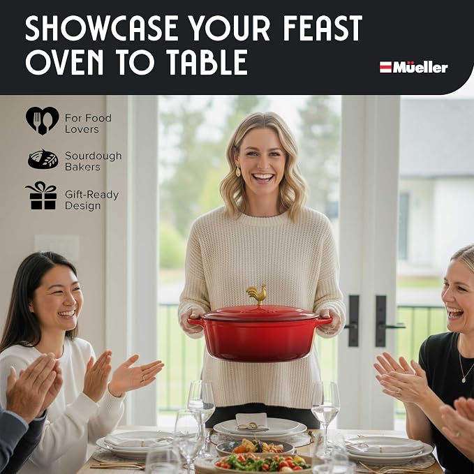 MUELLER HOME 5.5 Quart Enameled Cast Iron Oval Dutch Oven w Rooster Knob & Cotton Potholders, Heavy-Duty Cookware, Oven-Safe up to 500° F & Across All Cooktops, Gifts for Grandma & Women, Red | w Rooster Knob & Cotton Potholders, Heavy-Duty Cookware, O...
