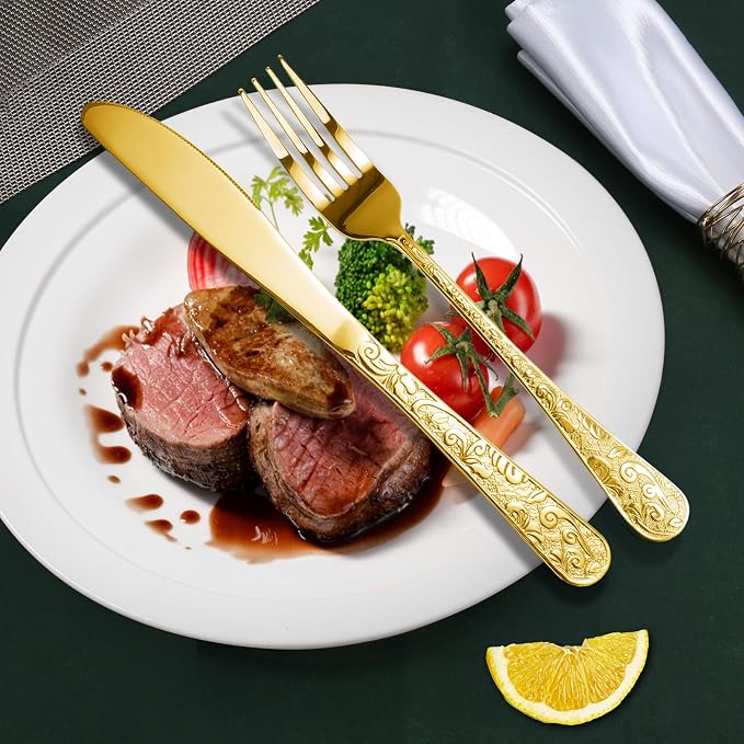 Meythway 60-Piece Vintage Carved Gold Silverware Set for 12, Stainless Steel Flatware Set with Knife/Fork/Spoon, Cutlery Set for Home and Kitchen, Utensil Set with Dishwasher Safe
