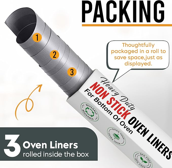 Oven Liners for Bottom of Oven - 17"x 25" Large Heavy Duty Non-Stick 3 Pack | Resistant to 500°F, BPA & PFOA Free, Reusable, Fits Electric, Gas, Toaster, Microwave Ovens & Grills, Spill Guard, Silver