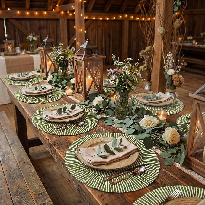 Set of 6 Round Placemats Green Striped Ruffled Circle Placemats 15 Inch Vintage Fabric Farmhouse Boho Rustic Table Mat for Summer Bachelorette Baby Shower Bridal Shower Birthday Party Picnic