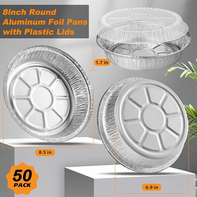 50Pack 8" Round Aluminum Foil Pans with Clear Lids – Pie Tins Disposable to go Containers with lid for Baking, Storing Leftovers, and Meal Prep, Freezer & Oven Safe Baking Pan