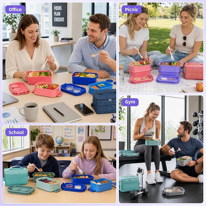 Adults Lunchbox Bento Box with Lunch Bag for Women-74 OZ All-in-One Stackable Lunch Box for Adults Kids Leakproof Bento Large Lunch Box Containers with Fork Spoon Sauce Box for Work School (Purple)