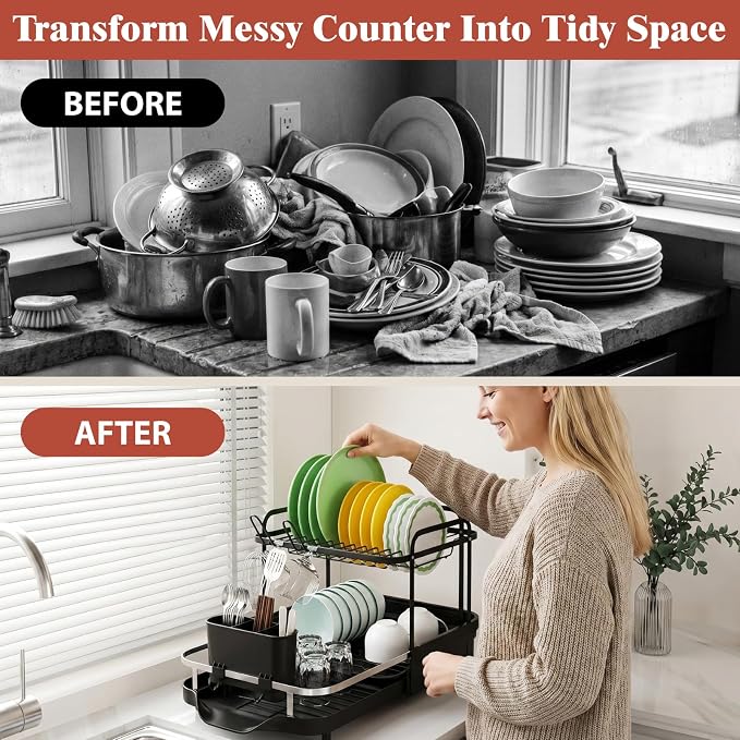 2 Tier Dish Drying Rack, Expandable Stainless Steel Dish Drainer for Kitchen Counter, Rustproof Auto Draining Drainboard, Raised Guardrail, Detachable Utensil Holder, Space Saving Kitchen Organizer