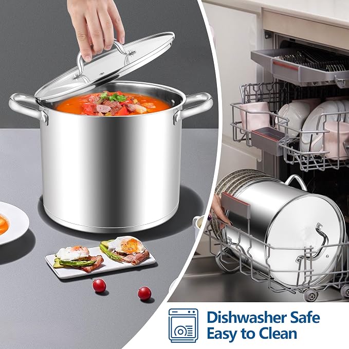 E-far 12 Quart Cooking Stock Pot, Large Stainless Steel Pot for Canning Simmering Stewing, Heavy Duty Cookware with Tri-ply Base for Induction Gas Stoves, Soup Pots with Glass Lid, Dishwasher Safe