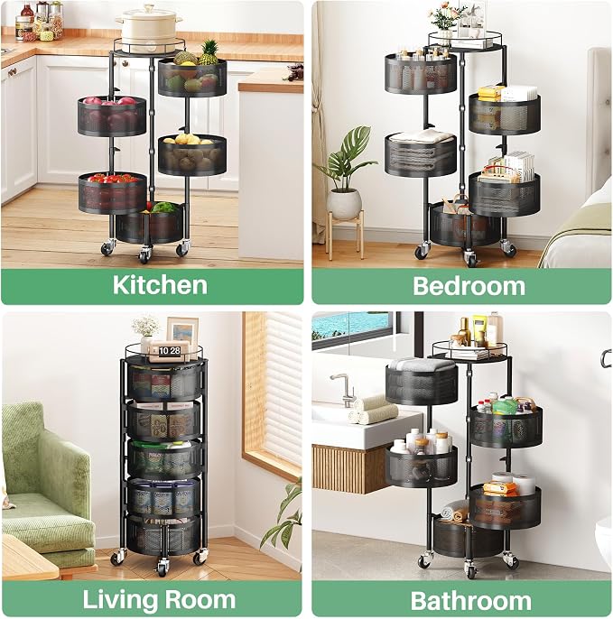 SAYZH 5 Tier Fruit Vegetable Basket Stand for Kitchen, Rotating, Black | Rolling Storage Cart with top lid, Large Metal Wire Rack for Potato and Onion Storage