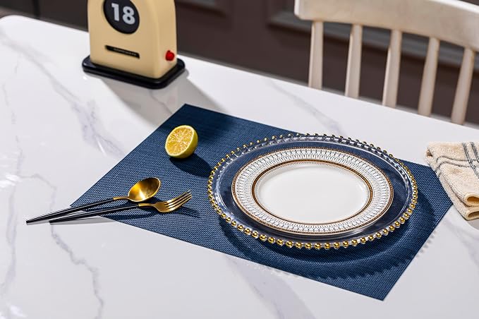 LEXMORE Placemats Set of 8 Vinyl/Plastic Woven Place Mats for Kitchen Table Indoor/Outdoor Washable Placemat Wipeable Dining Table Mats(Navy Blue)