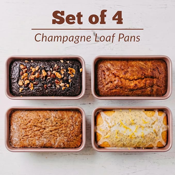 Elsjoy 4 Pack Non-Stick Loaf Pan, 9.5 x 5.5 Inch Champagne Bread Loaf Pans Carbon Steel Bread Tin Set for Baking, Metal Bakeware for Bread, Meatloaf, Cake