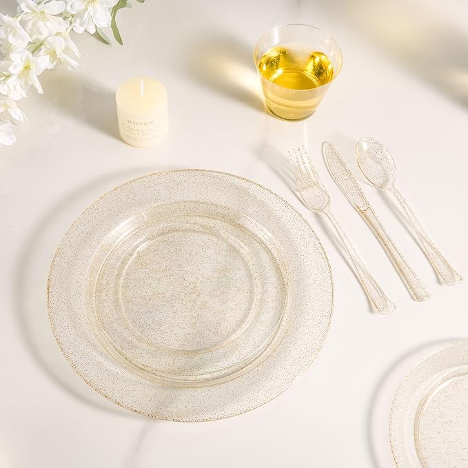BESTVIP 600PCS Gold Glitter Dinnerware Set for 100 Guests, Plastic Plates | for Party, 100 Gold Glitter Disposable Plates, 100 Dessert Plates, 100 Cups, 100 Spoons, 100 Forks and 100 Knives