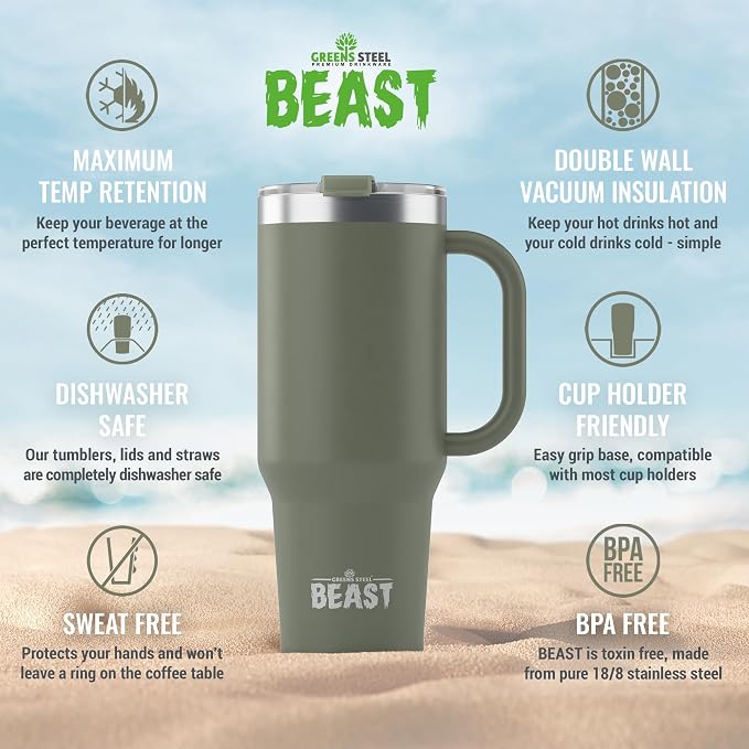 Beast 42 oz Tumbler with Handle Stainless Steel Vacuum Insulated Coffee Ice Cup Double Wall Travel Flask (Army Green)