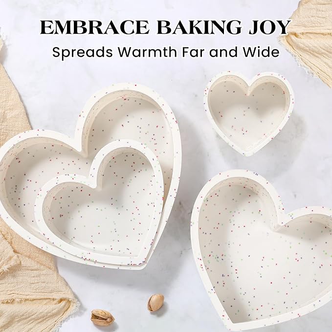 10 Inch Heart Shaped Cake Pans Silicone, Cream, Confetti | Set of 2, Large Nonstick, Food Grade Silicone Heart Molds, Easy to Clean, Oven Air Fryer Freezer Safe