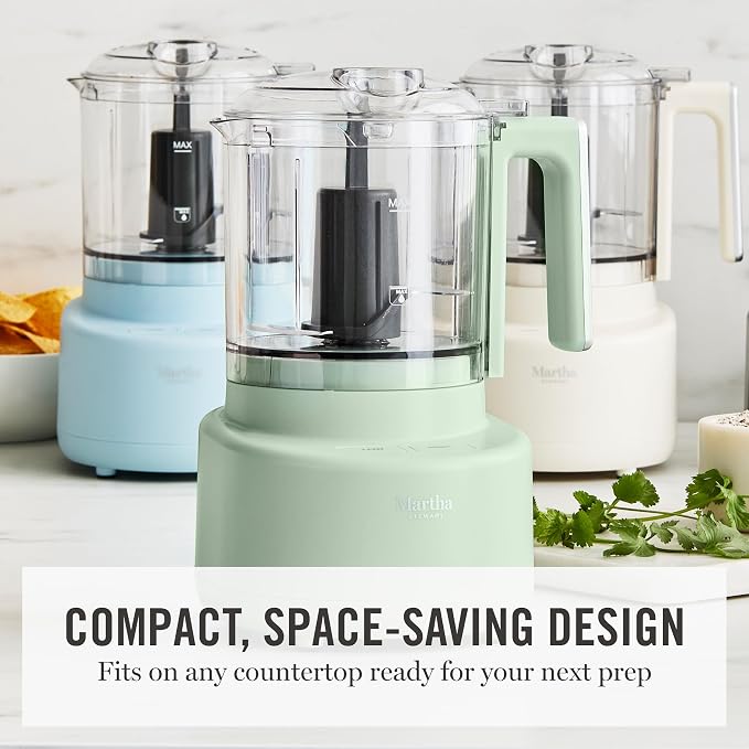 Martha Stewart 3 Cup Electric Vegetable Chopper, Mini Food Processor, Linen | 24oz BPA-Free Bowl, Stainless Steel Blades, Pour Spout, Dice, Puree, Mince, Chop Vegetables & Herbs, Dishwasher-Safe Parts