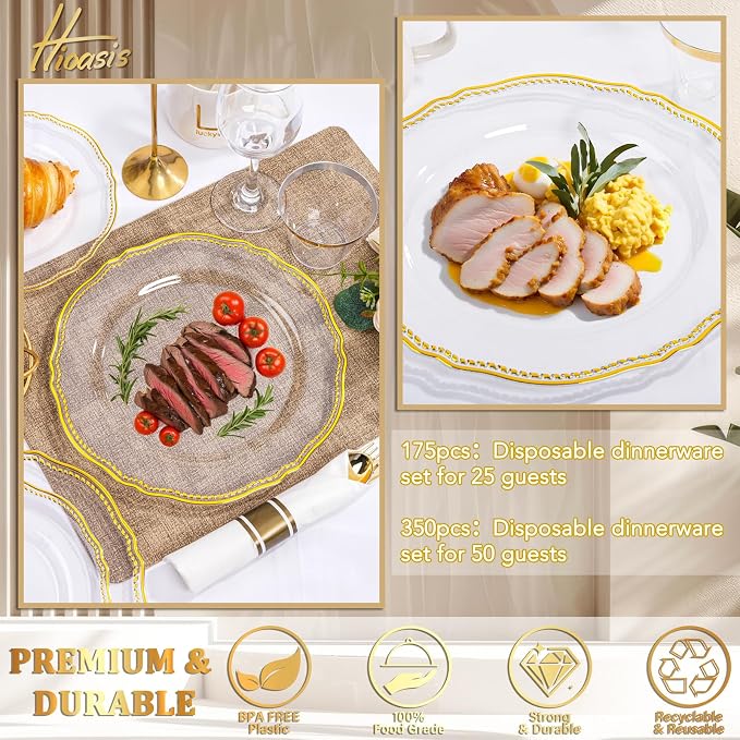 350 Pcs Clear Gold Plastic Plates for Wedding & Party | Gold Plastic Dinnerware Set Includes 50 Dinner Plates, 50 Dessert Dinnerware, 50 Cups, 50 Rolled Napkin Cutlery Perfect