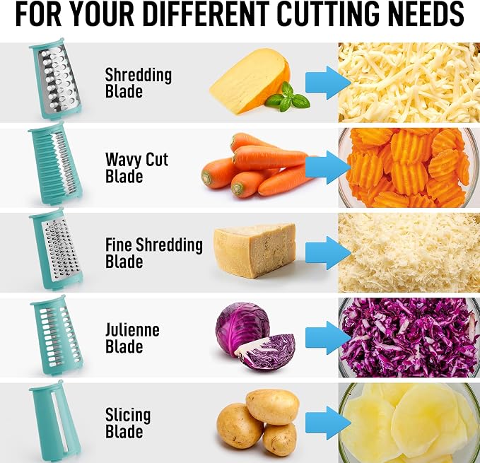 Zulay Kitchen Rotary Cheese Grater 5 Blade Cheese Shredder - Manual Hand Crank Cheese Grater With Reinforced Suction & 5 Interchangeable Drums - Easy to Use, Vegetable Chopper Round Mandoline Slicer
