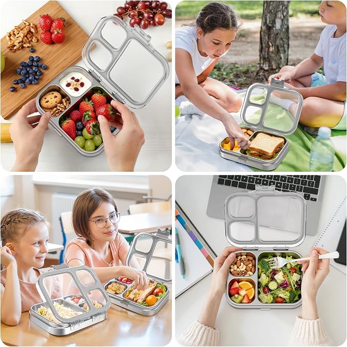 LOHASOK Stainless Steel Bento Lunch Box, 800ml, Grey | 3-Compartment, Leak Proof, Lightweight, Clear Plastic Lid, for Kids Adults, BPA/BPS Free, Dishwasher Safe