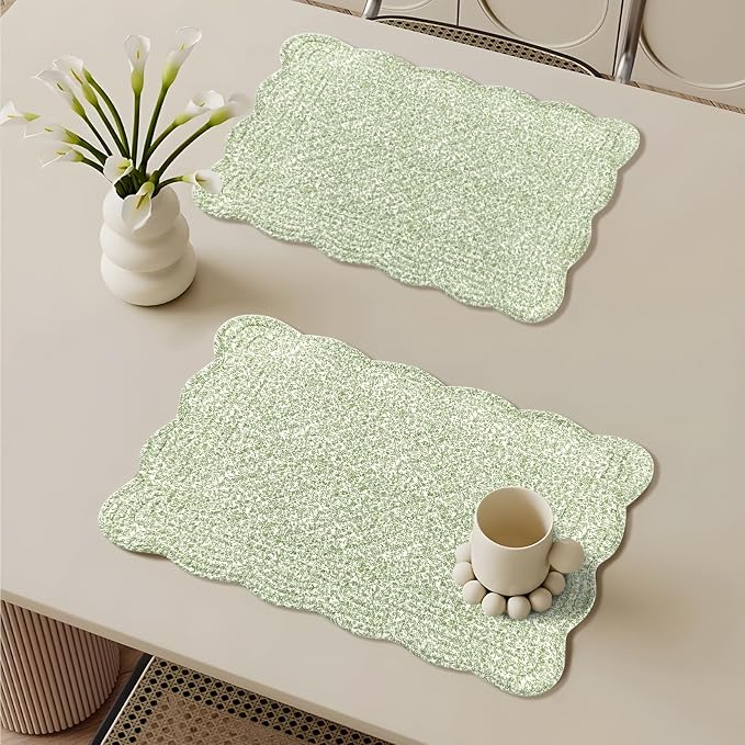 6 PC Quilted Placemats, 18"X13"Extra Large Cotton Placemats Set of 6, 100% Cotton Fabric Washable Cloth Table Mats for Kitchen & Dining Table - Soft &Easy Clean(Green Crushed Flower, Rectangular)