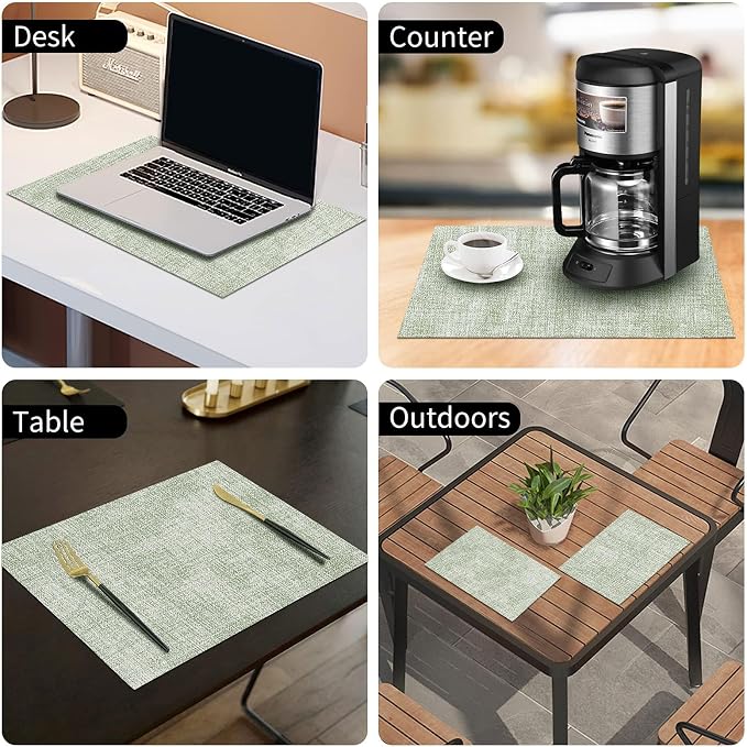 Faux Leather Heat Resistant Placemats 8 Packs, Waterproof Wipeable Dining PU Place Mats for Indoor & Outdoor, Easy to Clean, Light Green