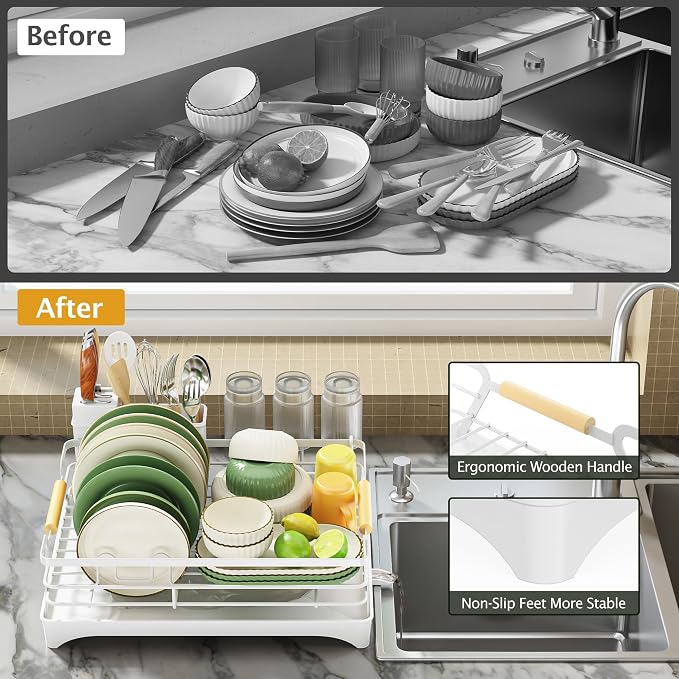 Epicano Dish Drying Rack for Kitchen Counter,Large Capacity,White | Raised Feet,Rustproof,Wooden Handle,Auto-Drainage System,Cup Holder & Knife Slots, Sink Storage Organizer