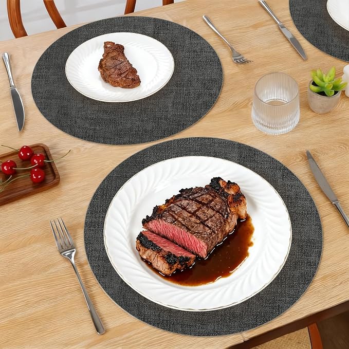 Maxpearl Faux Leather Round Placemats Set of 6, 13.8 inch, Dark Grey | Waterproof, Heat Resistant, Non Slip, Wipe Clean Dining Table Place Mats, Suitable for Indoor & Outdoor Use, Table Settings