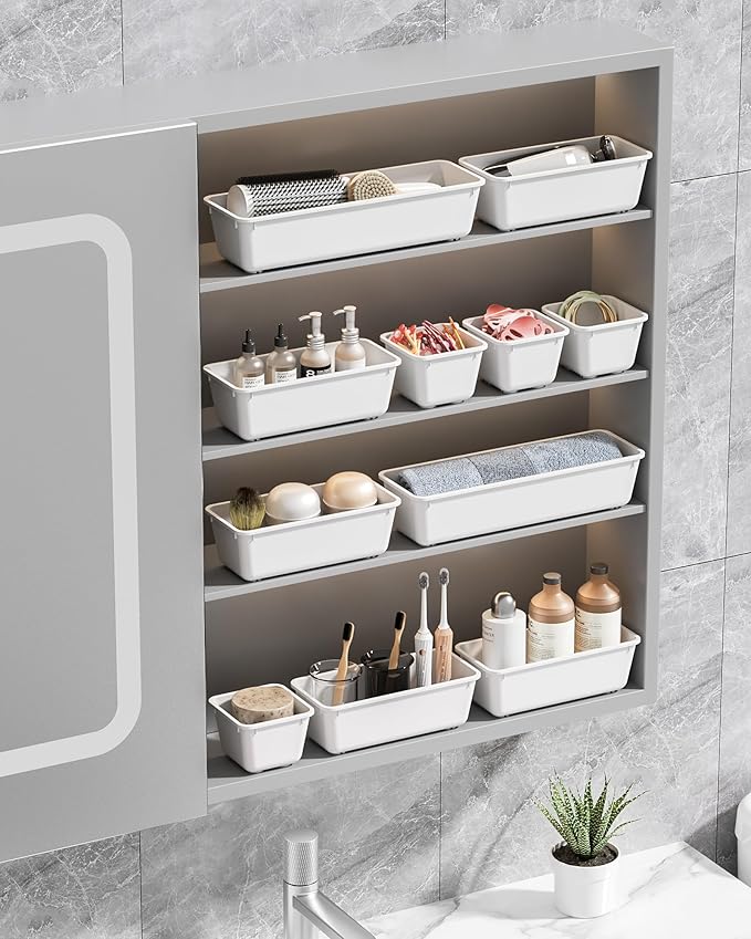 Canfanni 13 Pack Plastic Drawer Organizers Set, 3 Sizes Desk Drawer Organizer Trays for Vanity and Makeup Organizer, Organization and Storage for Makeup, Kitchen Utensils, Bathroom and Office(White)
