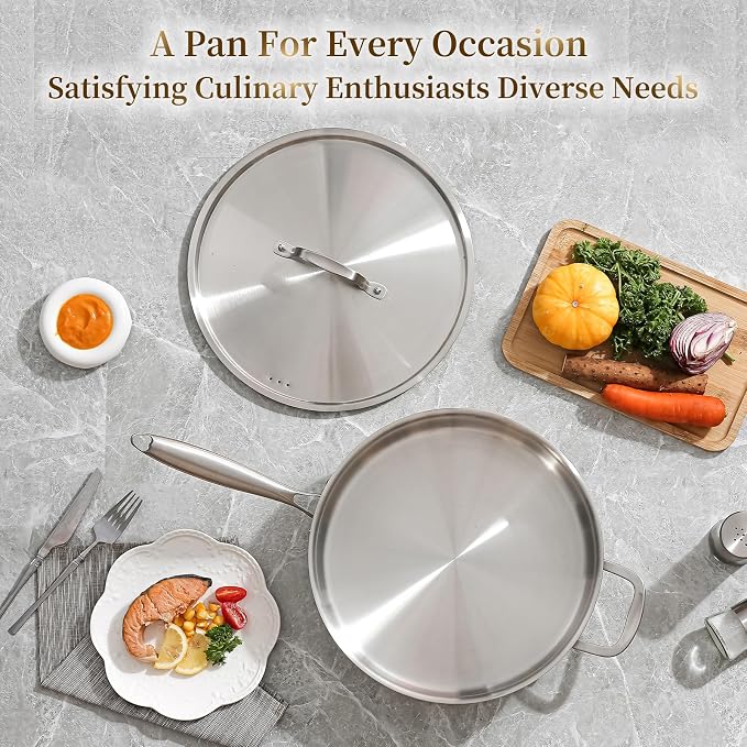 DELARLO 6QT Saute Pan Tri-Ply Stainless Steel Pan 12Inch Deep | Frying Pan with Steel cover, Kitchen Large Skillet ,Heavy Duty Style Compatible With All Cooktops Up to 650℉