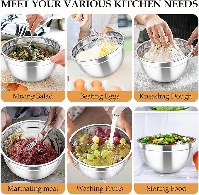 TeamFar Mixing Bowls, Stainless Steel Nesting Salad Bowls Set | Mixing Bowls with Lids & 3 Grater Attachments, For Mixing/Serving/Storing, Non-toxic & Long-lasting, 4.6/3/1.5 QT, Khaki
