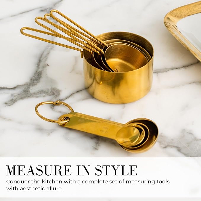Styled Settings Gold Measuring Cups and Spoons Set, 8-Piece | Stainless Steel, Titanium Gold, Stackable Brass Measuring Cups and Spoons, Sturdy Gold Kitchen Accessories for Baking
